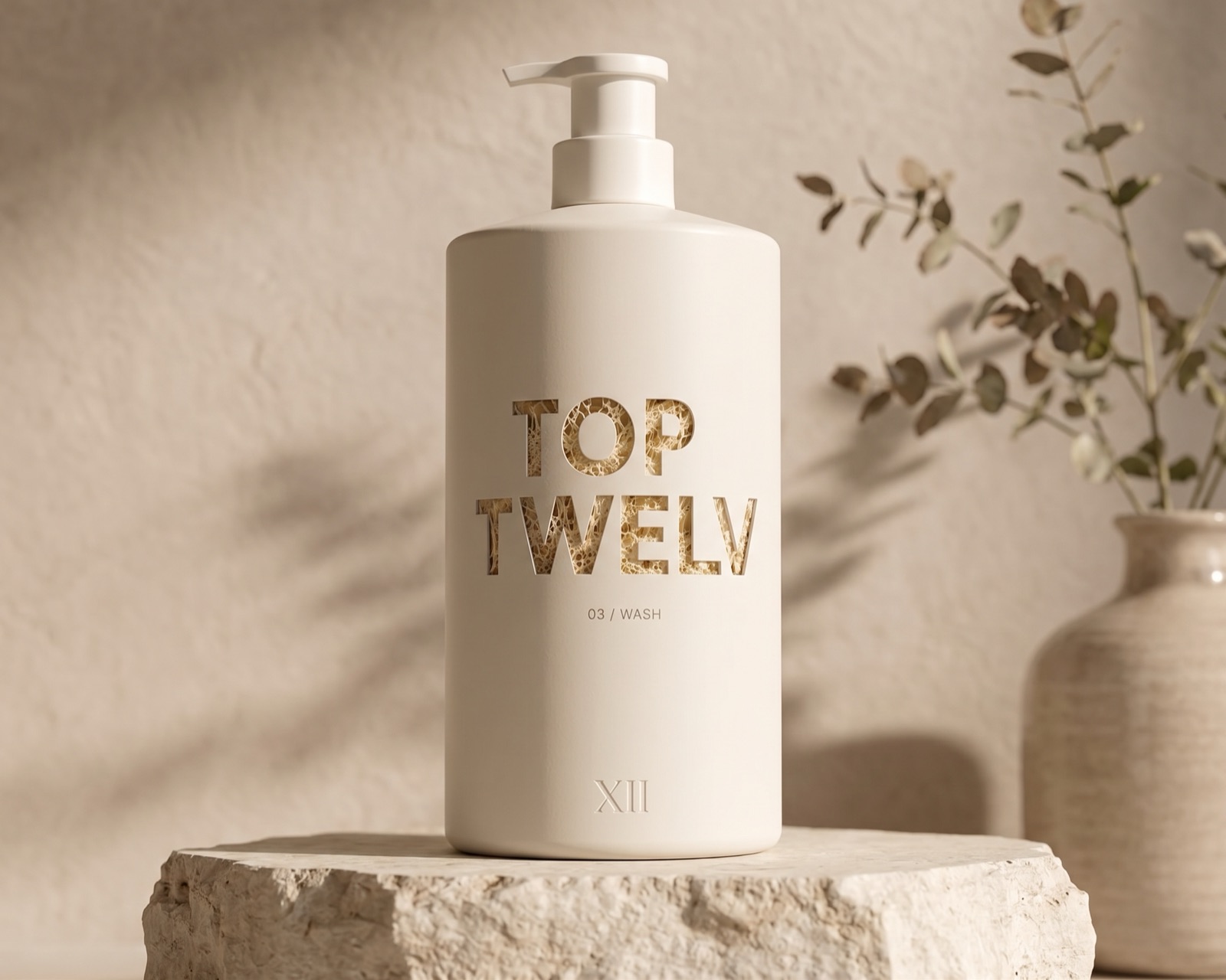 TOP TWELV 03/WASH treatment shampoo bottle on a stone surface